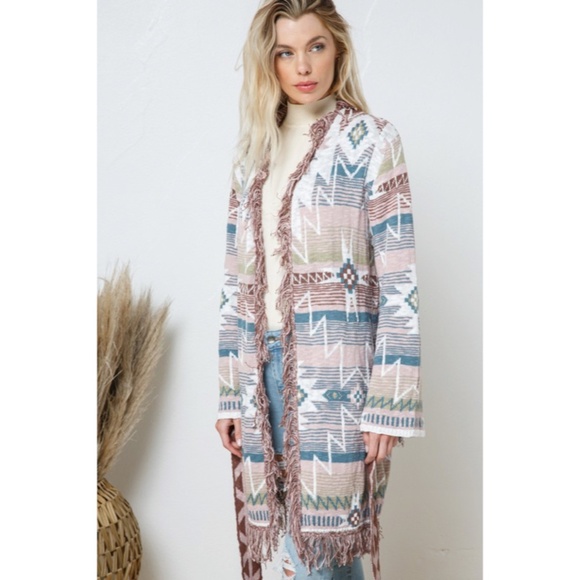 SOLD OUT Rose Fringe Western Native Aztec Belted Tie Knit Cardigan Boho Sweater - Picture 7 of 7